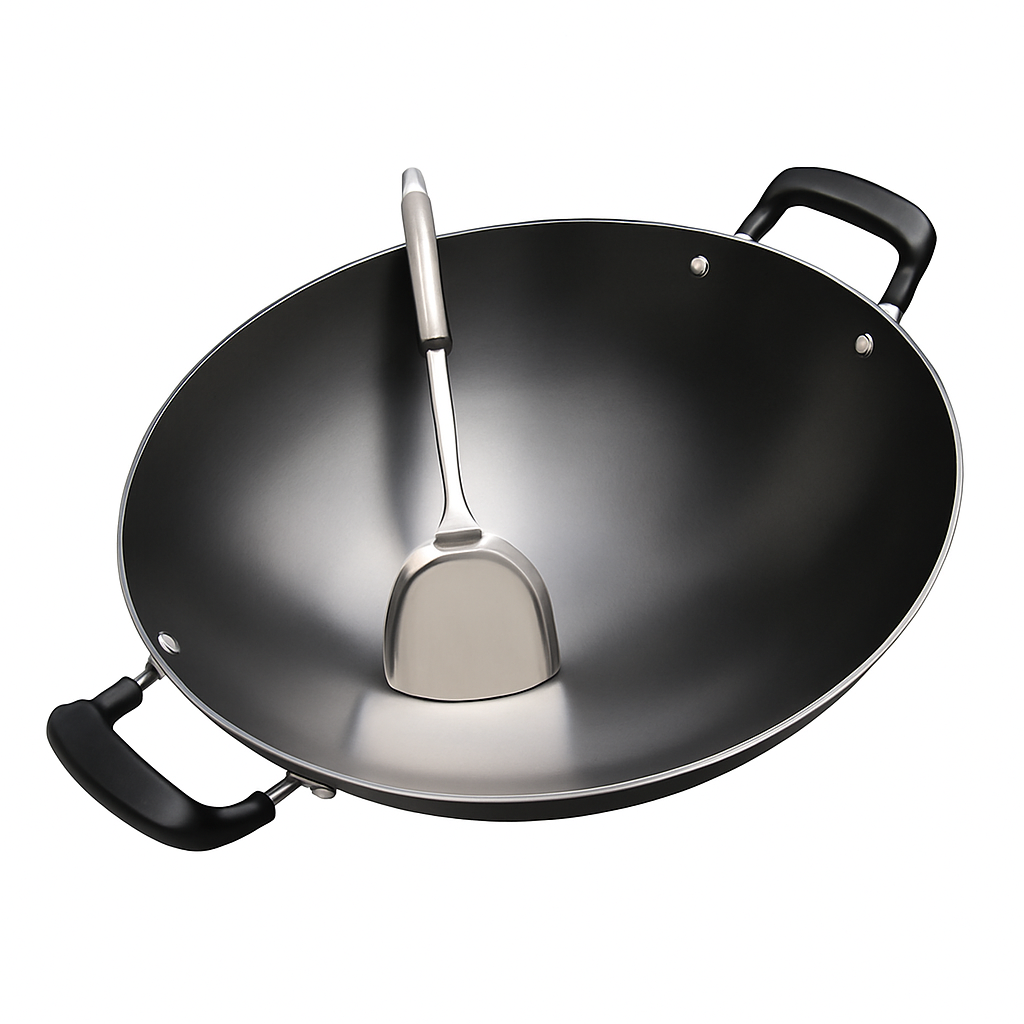 Mei Wei: Wok de Ferro Fundido com Fundo Redondo e Duas Alças(华邦铸铁真不锈炒锅)44cm - Embalagem em Fundo Branco