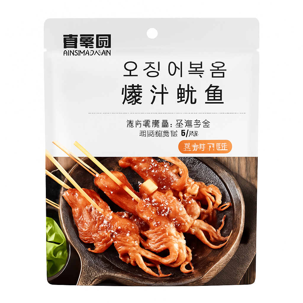 Mei Wei: Lula Explosiva Sabor Churrasco(爆汁鱿鱼烧烤味)- Qinghaoyuan 71g - Embalagem em Fundo Branco