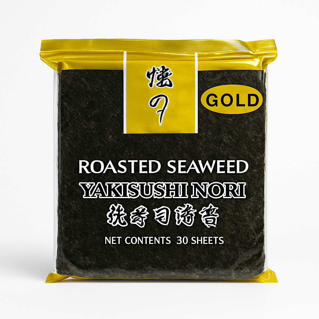 Mei Wei: Alga Marinha Tostada Yakisushi Nori(焼寿司海苔)- Gold 50 folhas - Embalagem em Fundo Branco
