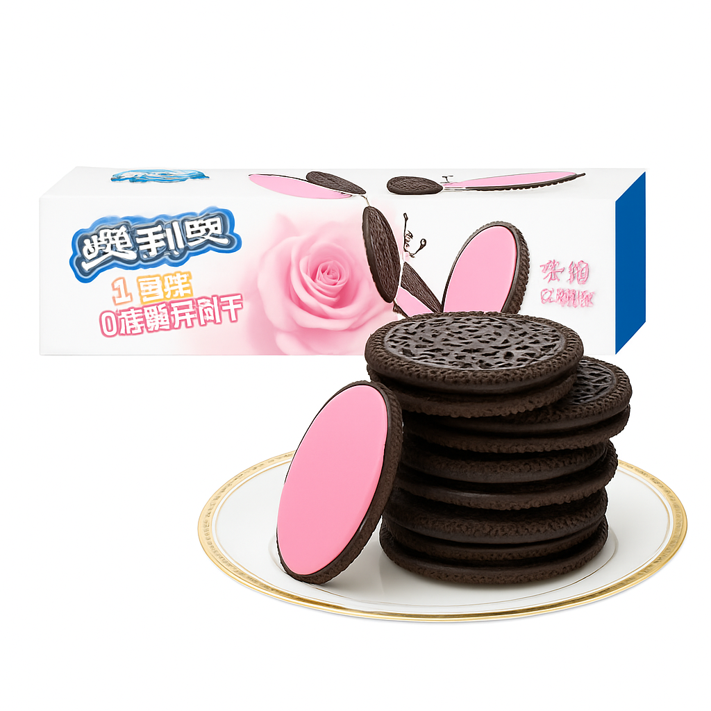 Mei Wei: Biscoito Oreo Crocante Rosa(奥利奥巧轻脆花漾玫瑰味)- Oreo 95g - Embalagem em Fundo Branco