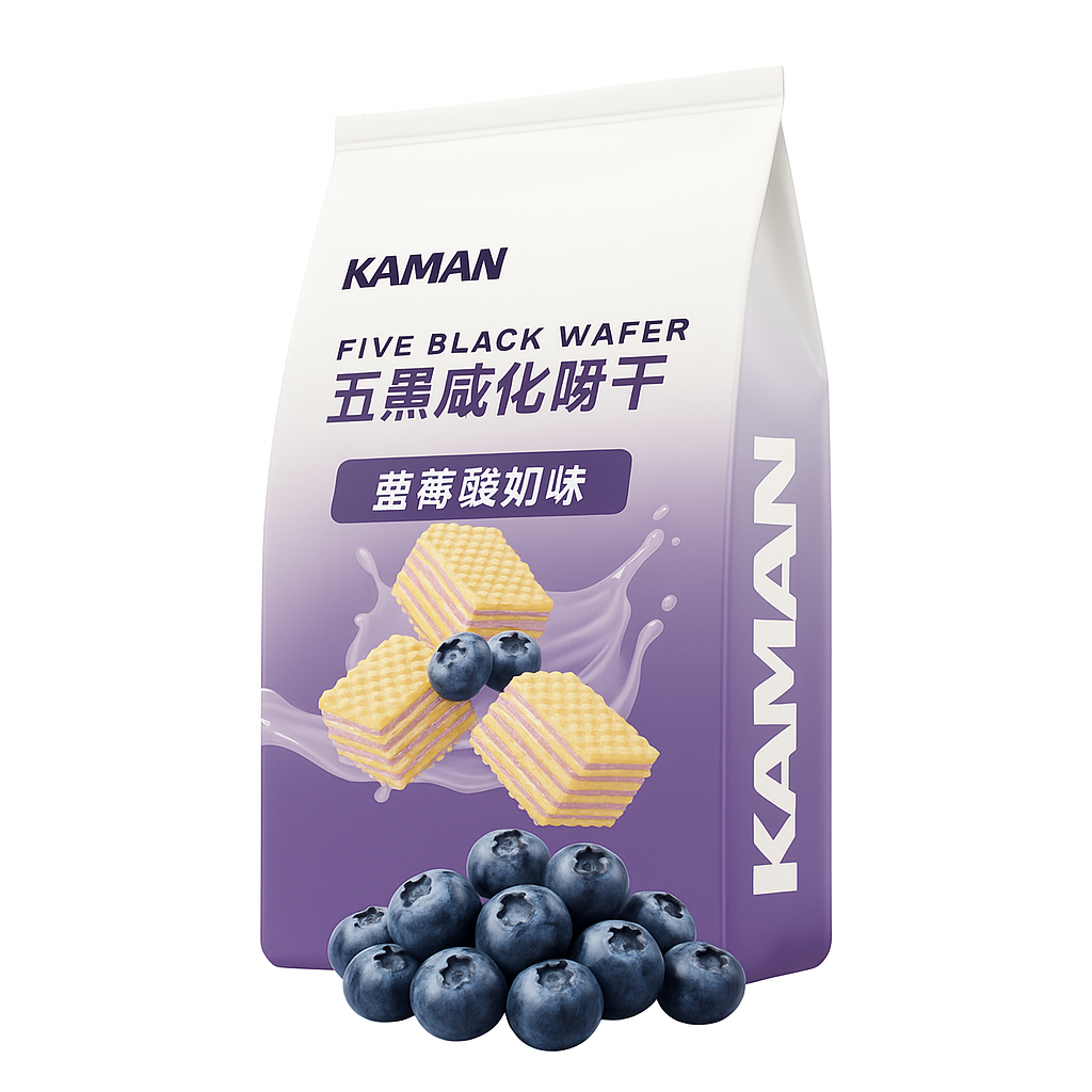 Mei Wei: Wafer Cinco Camadas Sabor Mirtilo (五黑威化饼干)- Kaman 300g - Embalagem em Fundo Branco
