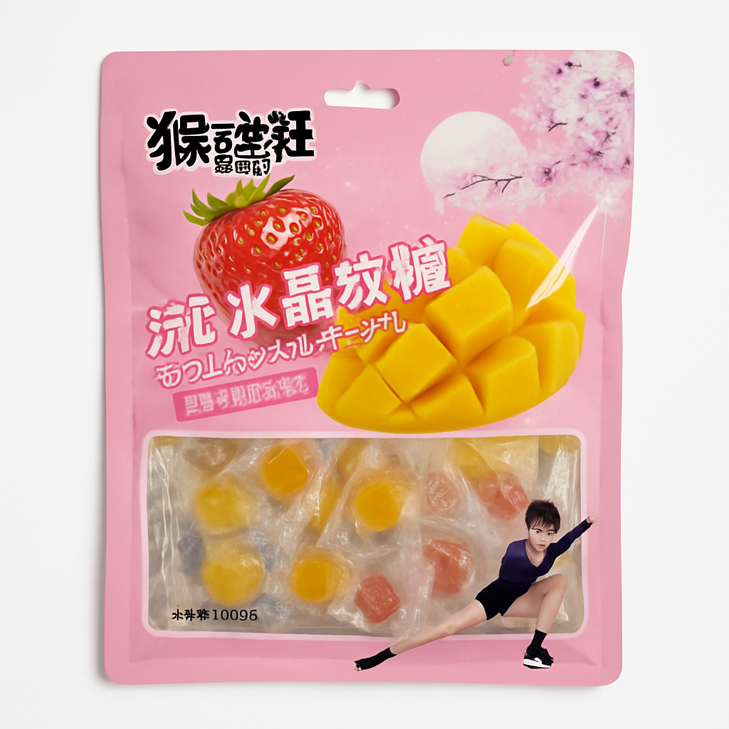 Mei Wei: Bala Cristal Sabor Morango e Manga(流心水晶軟糖)- Monkey 100g - Embalagem em Fundo Branco