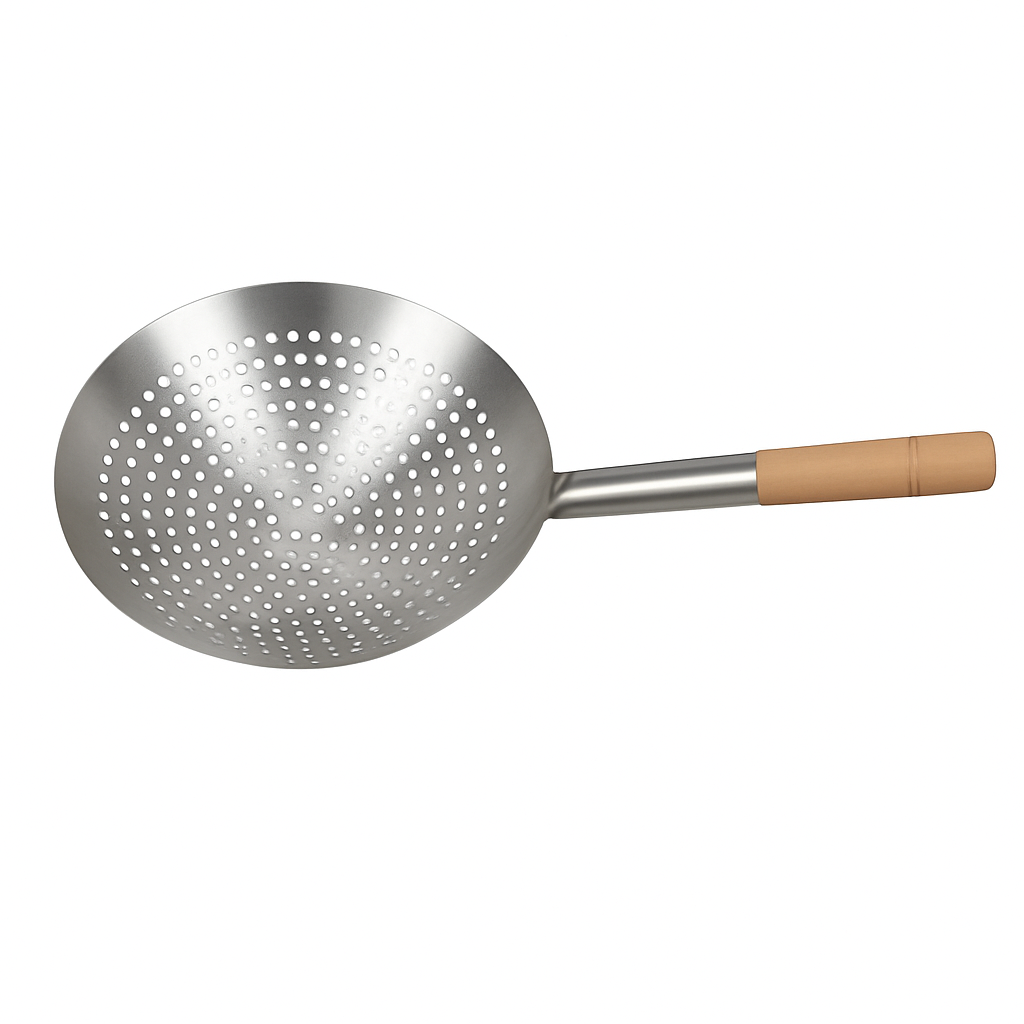 Mei Wei: Escumadeira de Aço Inox 304(钢柄漏壳)- 20cm - Embalagem em Fundo Branco