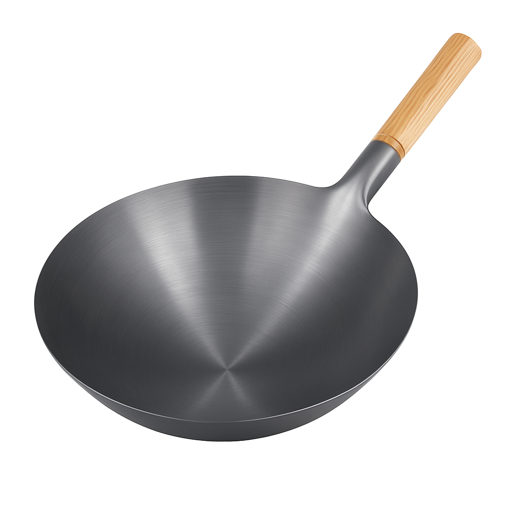 Mei Wei: Wok Tradicional Chinês(广锅)- Aço Carbono com Cabo de Madeira 36cm - Embalagem em Fundo Branco