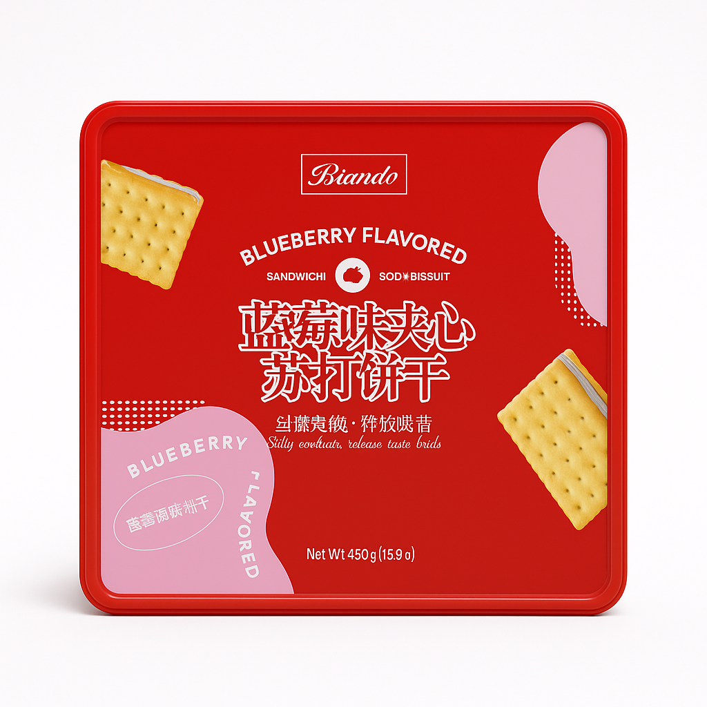 Mei Wei: Biscoito Soda Recheado Sabor Mirtilo(蓝莓味夹心苏打饼干)- Biando 450g - Embalagem em Fundo Branco