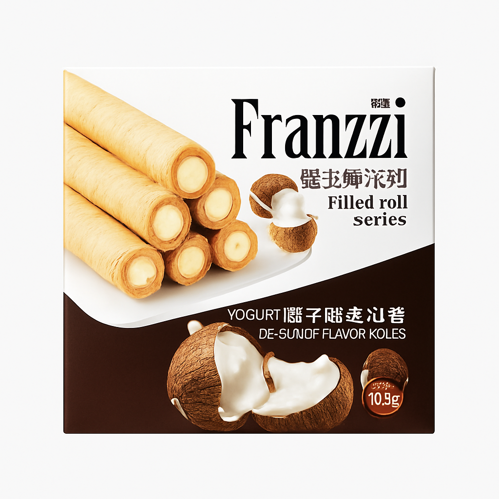 Mei Wei: Wafer Recheado Iogurte e Coco(酸奶椰子味夹心卷)- FranZZi 102g - Embalagem em Fundo Branco