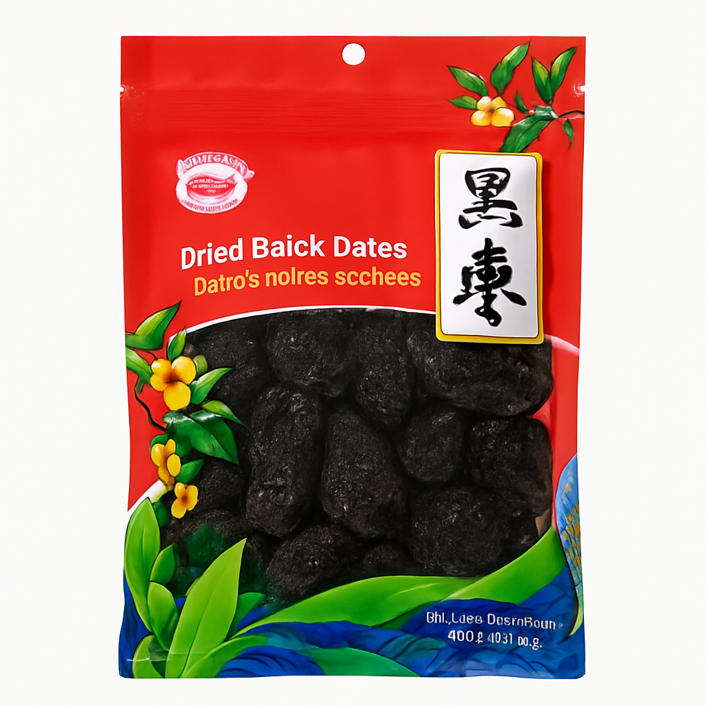 Mei Wei: Tâmaras Pretas Secas(黑棗)- Bridge Brand 300g - Embalagem em Fundo Branco