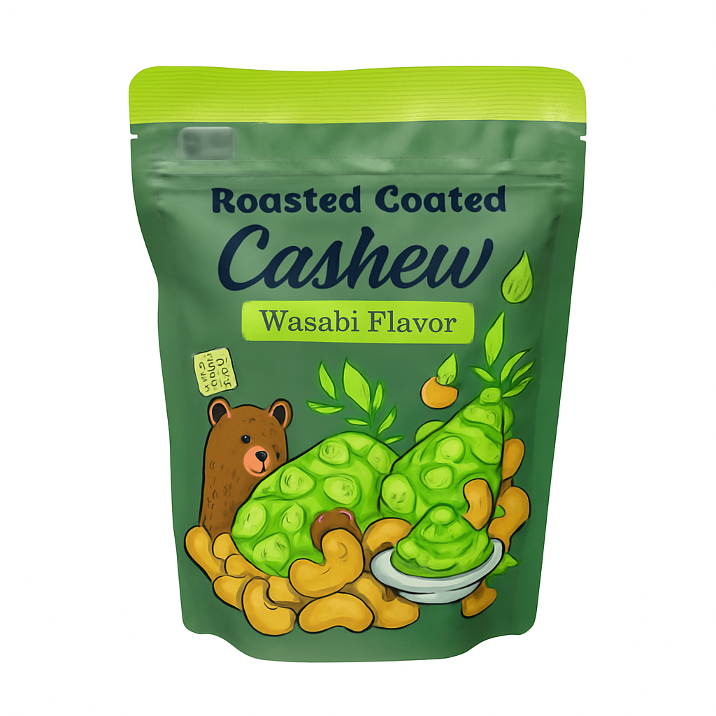 Mei Wei: Cashew Roasted Coated Sabor Wasabi(ロースト カシューナッツ わさび味)- IYES 100g - Embalagem em Fundo Branco