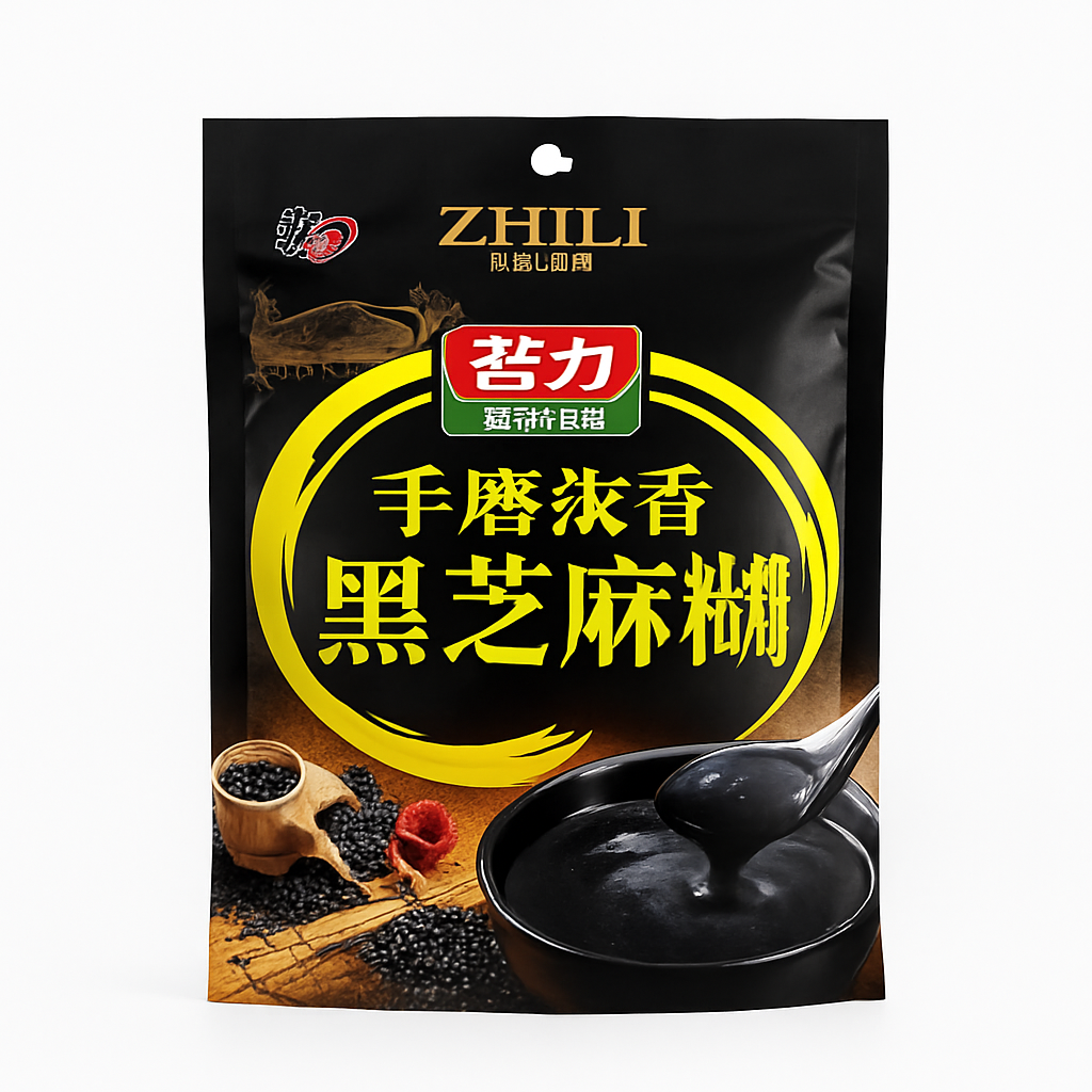 Mei Wei: Pasta de Gergelim Preto Aromática(手磨浓香黑芝麻糊)- Zhili 520g - Embalagem em Fundo Branco