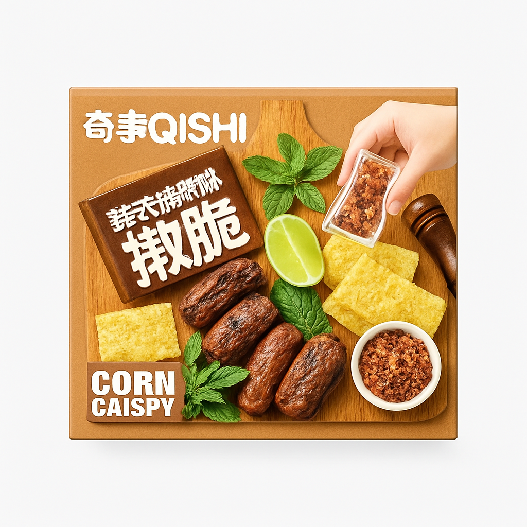 Mei Wei: Biscoito de Milho Sabor Churrasco Coreano(玉米脆片)- Qishi 180g - Embalagem em Fundo Branco
