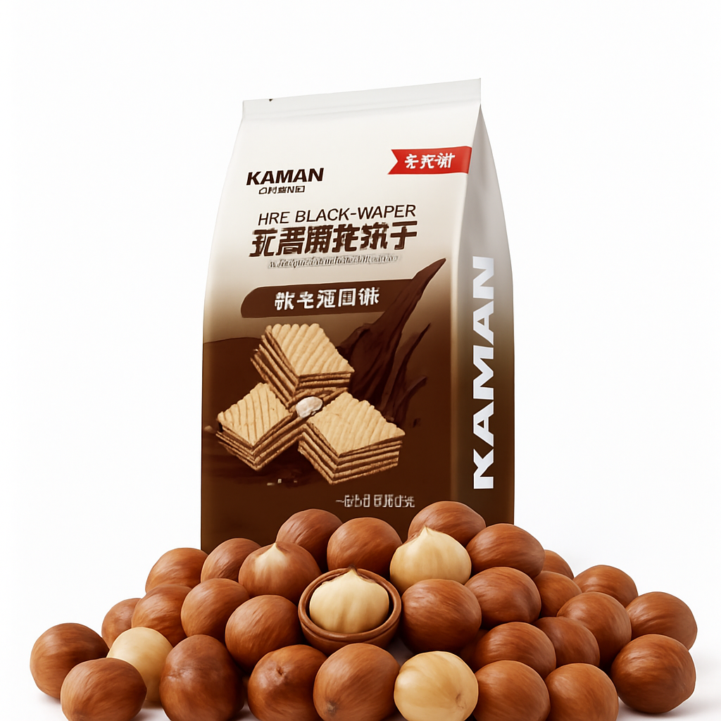 Mei Wei: Wafer de Avelã Cinco Camadas(五黑威化饼干)- Kaman 300g - Embalagem em Fundo Branco