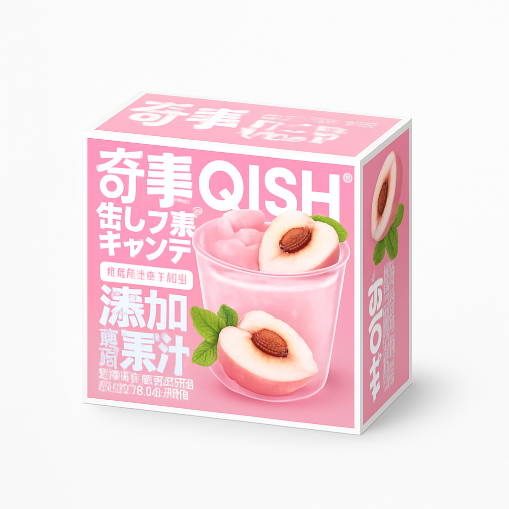 Mei Wei: Bala de Goma Sabor Pêssego(白桃味果汁软糖)- Qishi 80g - Embalagem em Fundo Branco