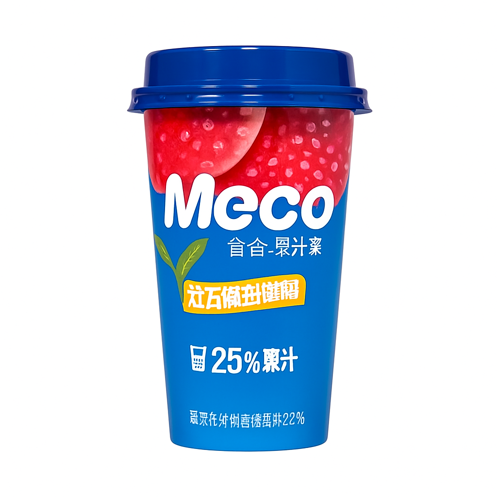 Mei Wei: Meco Chá Frutado de Romã e Uva Branca(香飘飘蜜谷果汁茶红石榴白葡萄)- Xiangpiaopiao 400ml - Embalagem em Fundo Branco