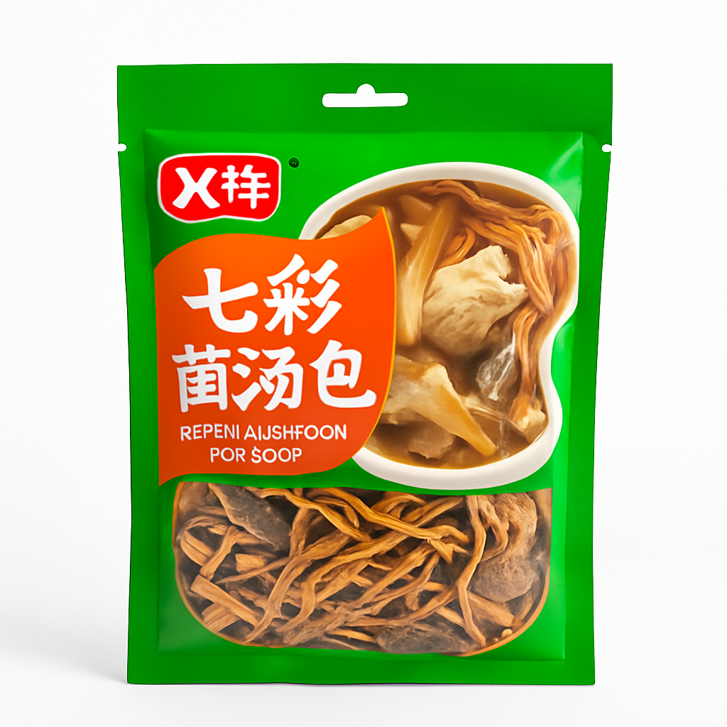 Mei Wei: Mix de Sete Cogumelos Desidratados(七彩菌汤包)- Yixiang 55g - Embalagem em Fundo Branco