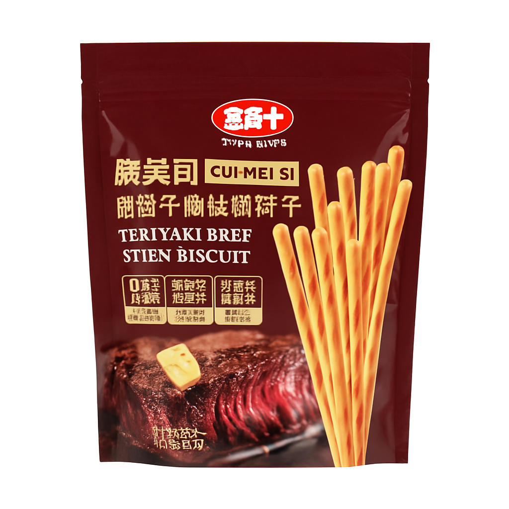 Mei Wei: Biscoito Palito Sabor Carne Teriyaki(脆美司照烧牛肉味棒饼干)- Golden Fuji 208g - Embalagem em Fundo Branco