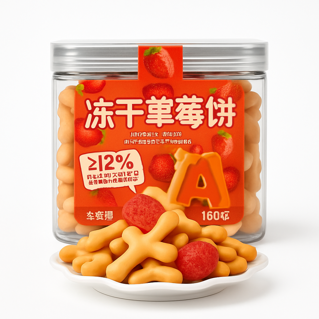 Mei Wei: Biscoito de Morango Liofilizado(冻干草莓饼)- Shusheng Baiwei 160g - Embalagem em Fundo Branco