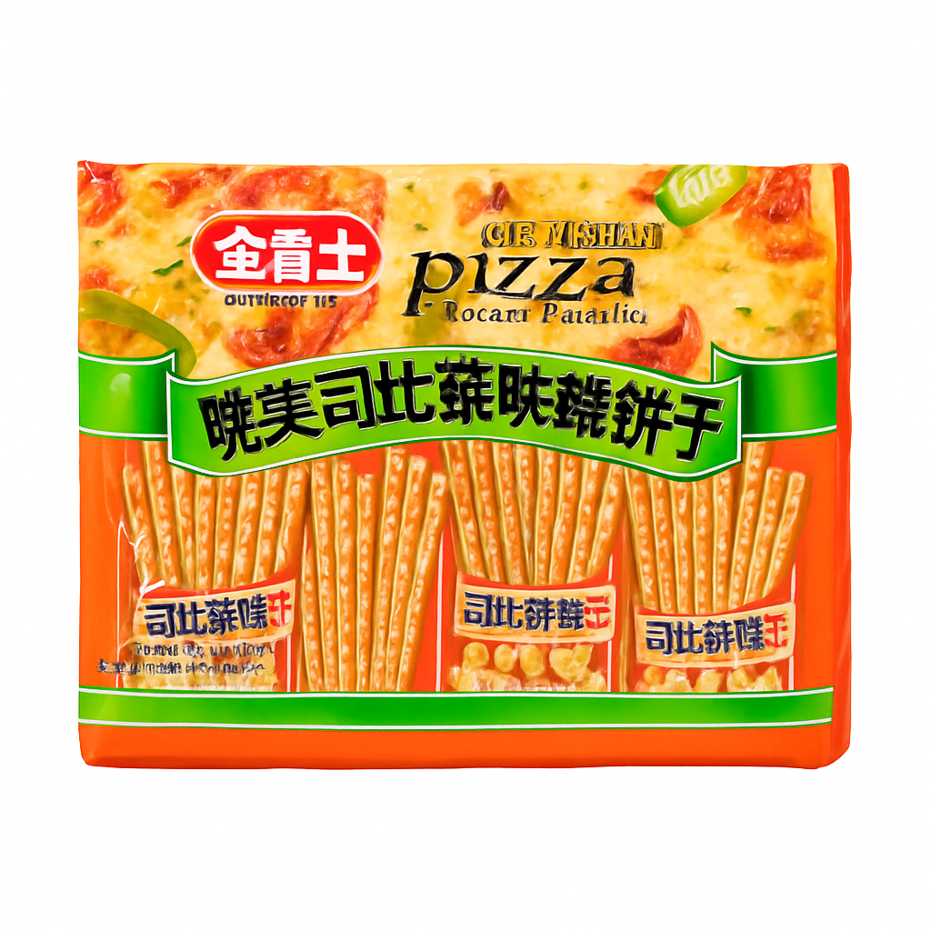 Mei Wei: Palitos de Pizza Cui Mei Si(脆美司比萨味棒饼干)- Golden Fuji 128g - Embalagem em Fundo Branco