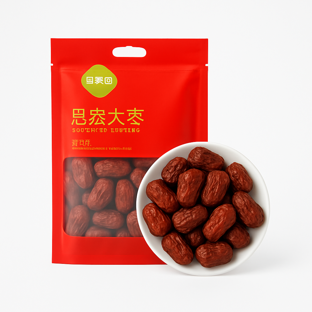 Mei Wei: Tâmaras Vermelhas Chinesas(思宏大红枣)- Sihong 1kg - Embalagem em Fundo Branco