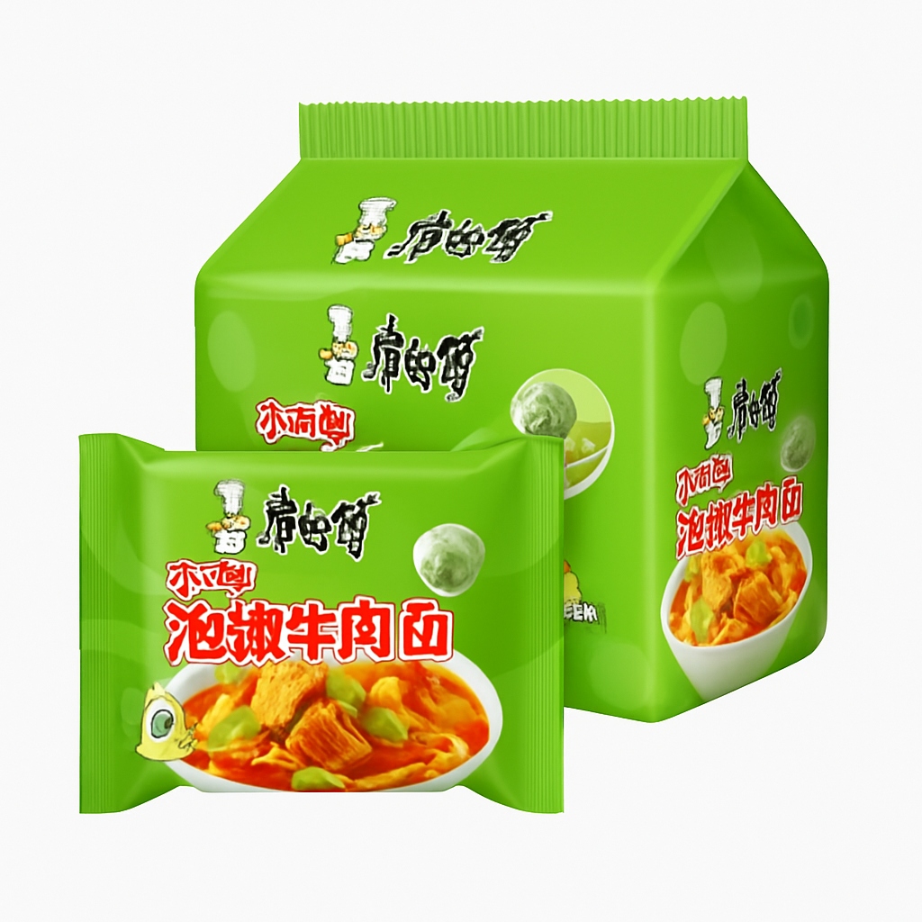 Mei Wei: Macarrão Instantâneo Pimenta e Carne Bovina(泡椒牛肉面)- Kangshifu 5 Unidades - Embalagem em Fundo Branco