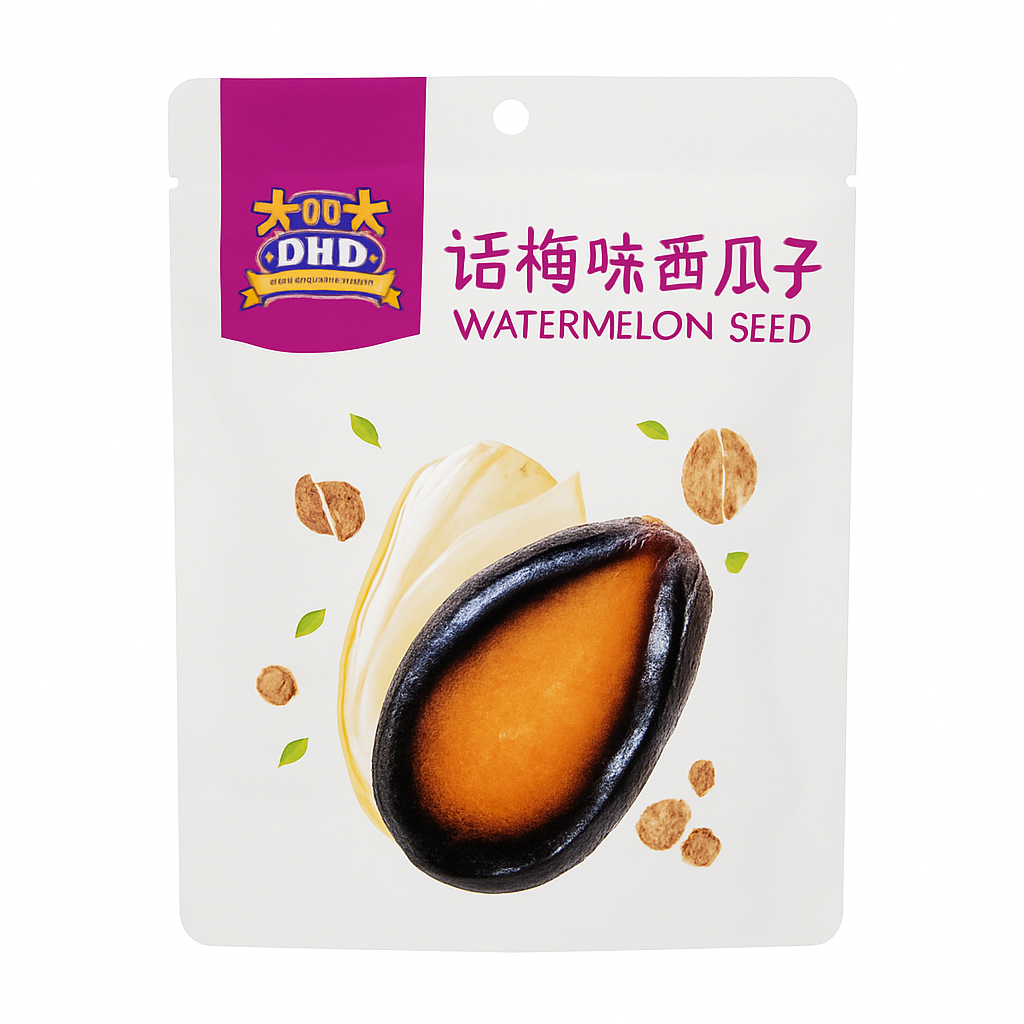 Mei Wei: Sementes de Melancia Sabor Ameixa(话梅味西瓜子)- DHD 110g - Embalagem em Fundo Branco