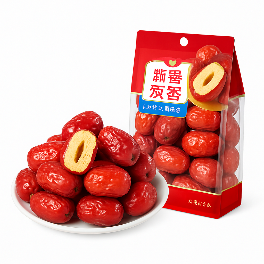 Mei Wei: Tâmaras Cinzas de Ruoqiang(若羌灰枣)- Sihong 500g - Embalagem em Fundo Branco