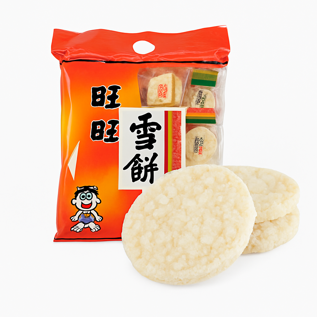 Mei Wei: Biscoito de Arroz Crocante (旺旺雪饼) - Want Want 520g - Embalagem em Fundo Branco