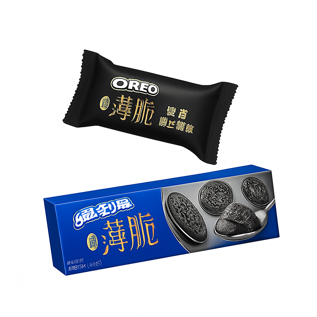 Mei Wei: Biscoito Oreo Fino e Crocante Sabor Gergelim Preto(奥利奥薄脆黑芝麻味)- Oreo 62g - Embalagem em Fundo Branco