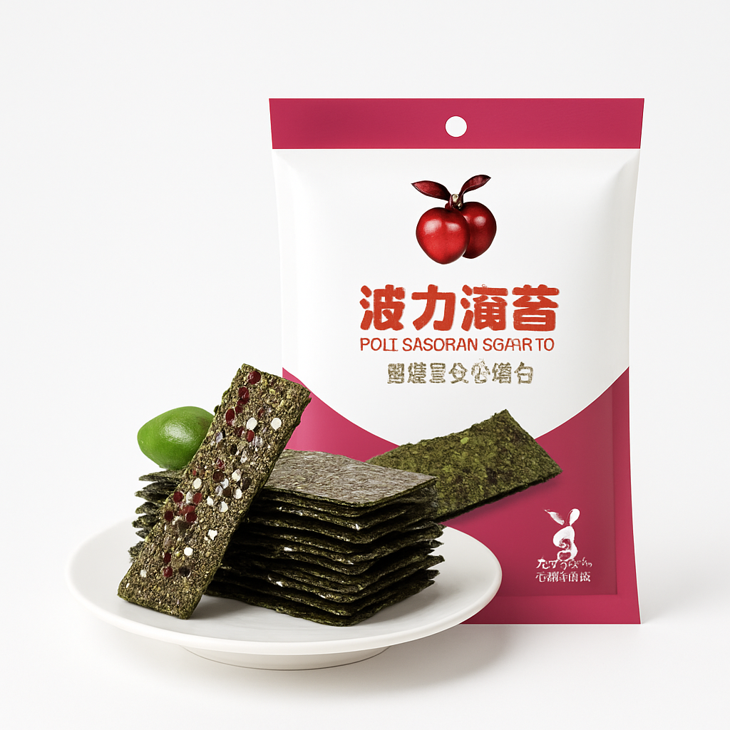 Mei Wei: Alga Marinha com Recheio de Cranberry(波力蔓越莓夹心海苔)- Po-Li 12g - Embalagem em Fundo Branco