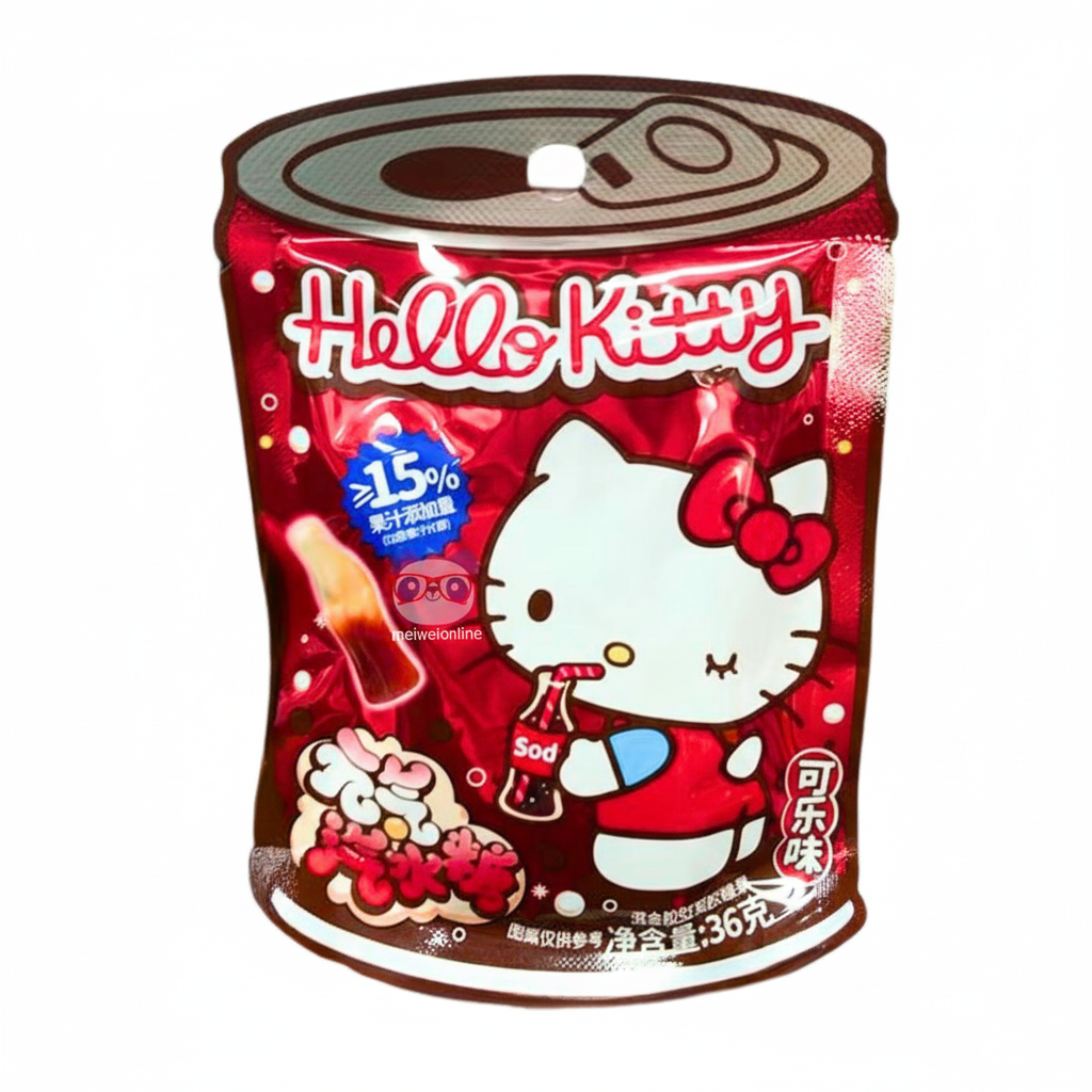 Mei Wei: Bala de Goma Gaseificada Sabor Cola Hello Kitty Sanrio 36g - Embalagem em Fundo Branco