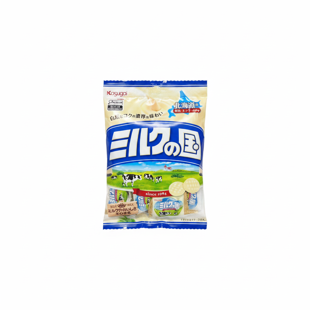 Mei Wei: Bala de Leite Milk Land ミルクの国 Kasugai 120g - Embalagem em Fundo Branco