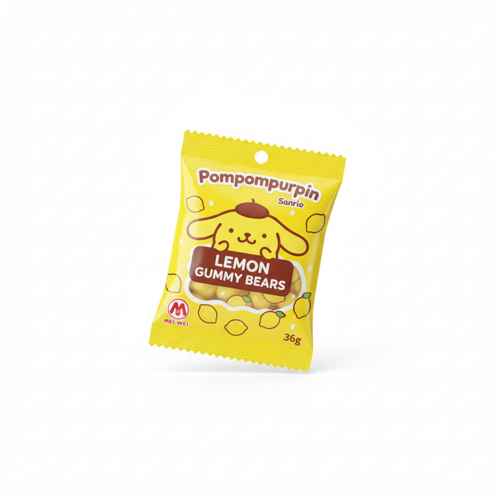 Mei Wei: Bala de Goma Sabor Limão Pompompurin Sanrio 36g - Embalagem em Fundo Branco