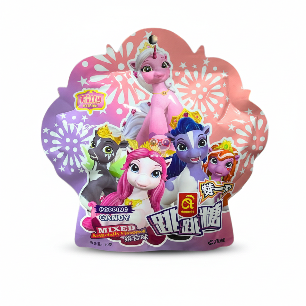 Mei Wei: Bala Explosiva Filly Cuties Popping Candy Amanda 30g - Embalagem em Fundo Branco