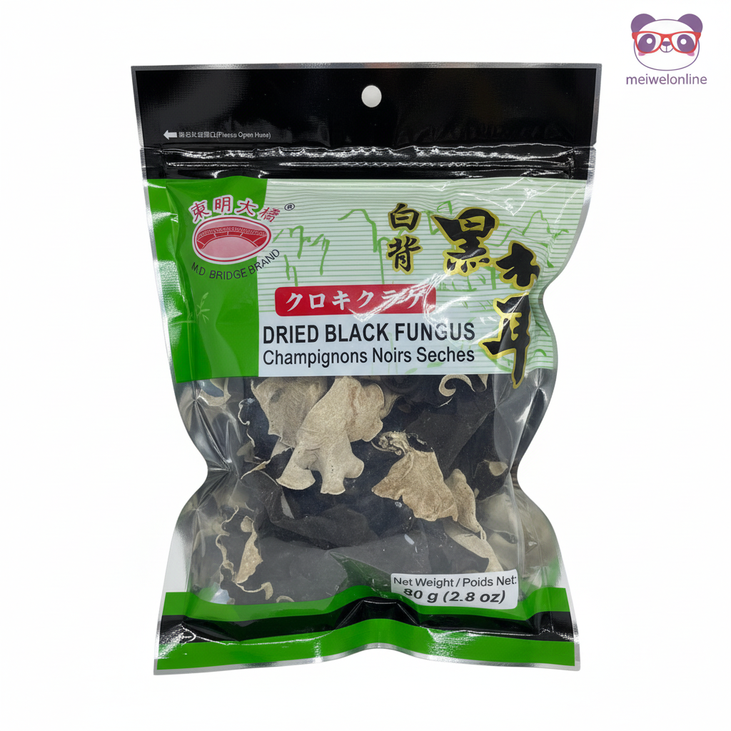 Mei Wei: Cogumelo Preto Seco Orelha de Pau Ka Xing 80g - Embalagem em Fundo Branco