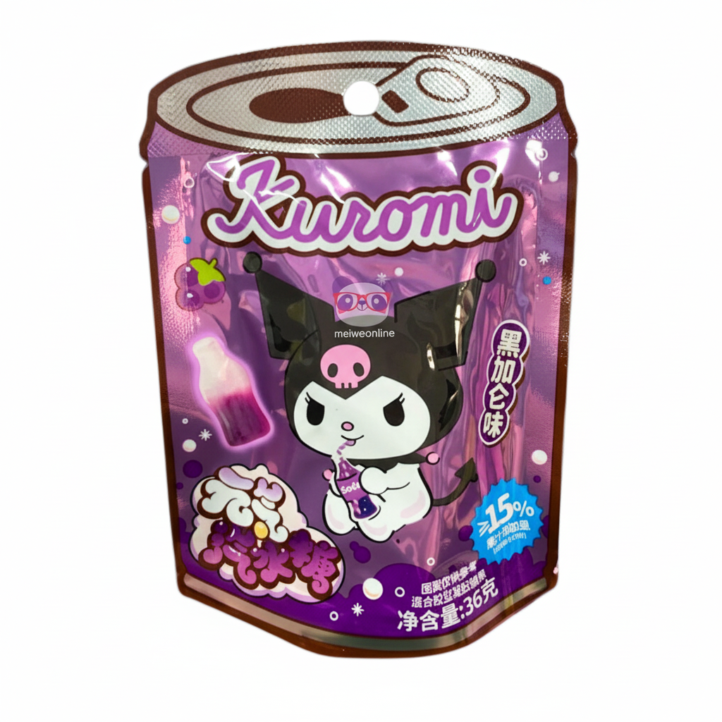 Mei Wei: Bala de Goma Gaseificada Sabor Groselha Preta Kuromi Sanrio 36g - Embalagem em Fundo Branco