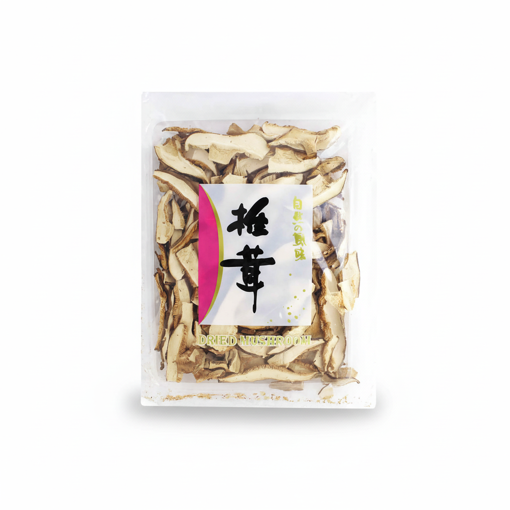 Mei Wei: Cogumelo Shiitake Fatiado Desidratado Fuzhou 100g - Embalagem em Fundo Branco