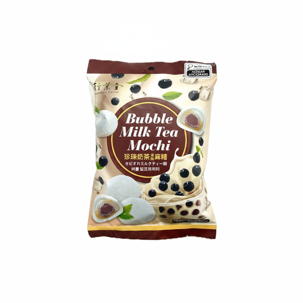 Mei Wei: Mochi de Chá com Leite e Bubble Tea 珍珠奶茶麻精 Bamboo House 120g - Embalagem em Fundo Branco