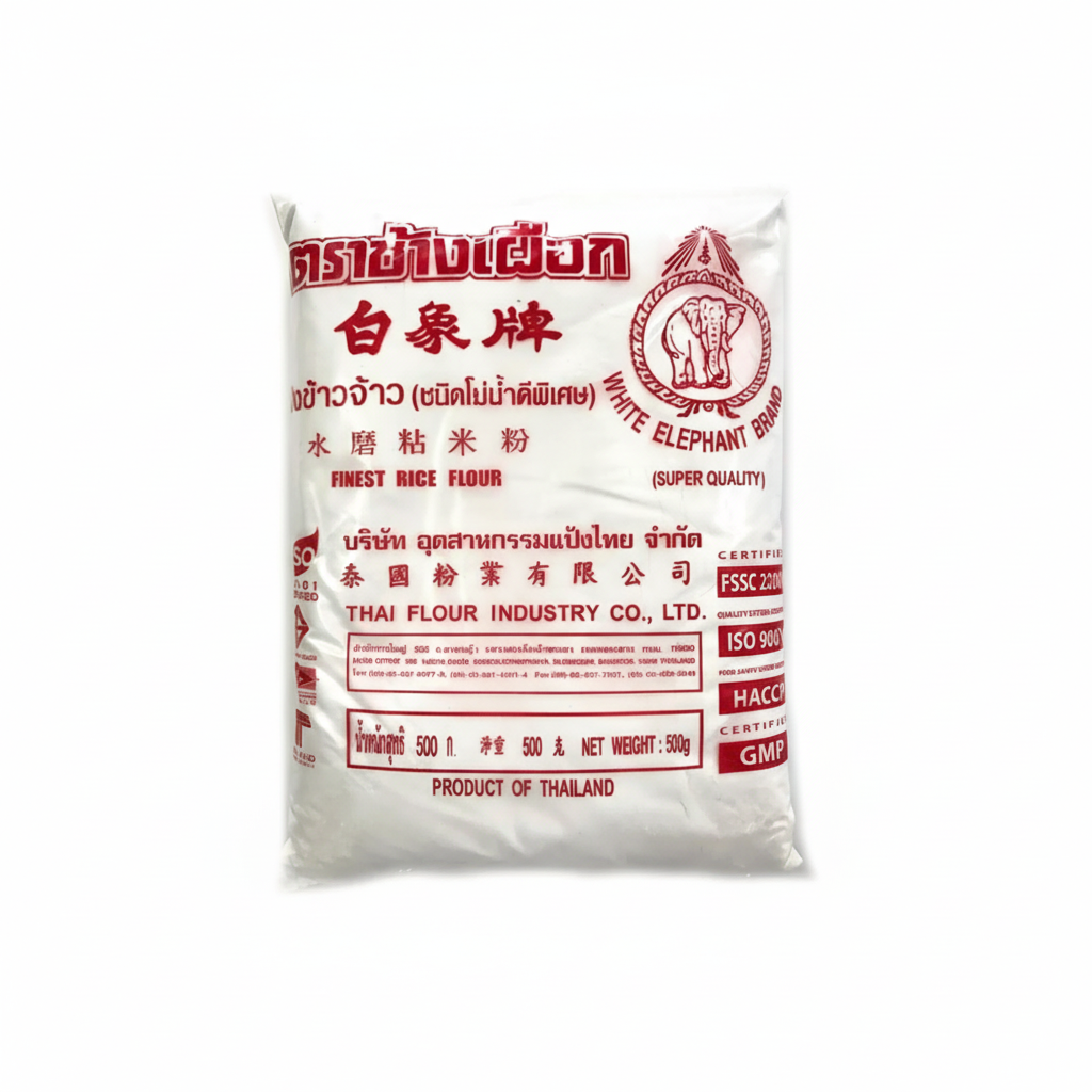 Mei Wei: Farinha de Arroz em Pó White Elephant Brand 500g - Embalagem em Fundo Branco