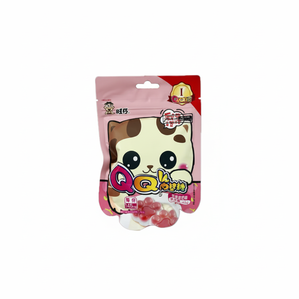 Mei Wei: Bala de Goma QQ Kitty QQ糖 Want Want Iogurte e Morango 45g - Embalagem em Fundo Branco