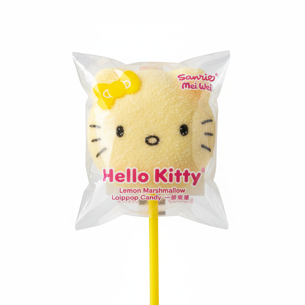 Mei Wei: Pirulito de Marshmallow Hello Kitty Limão Sanrio 22g - Embalagem em Fundo Branco