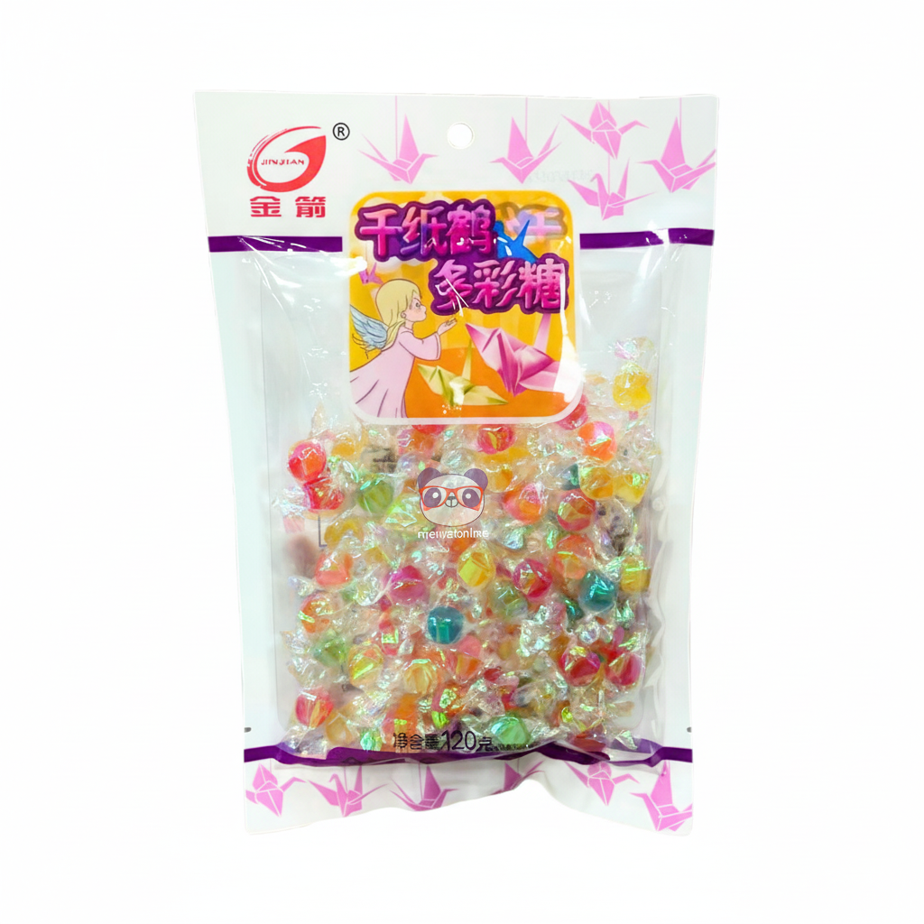 Mei Wei: Balas Coloridas Sortidas Tsuru JinJian 120g - Embalagem em Fundo Branco