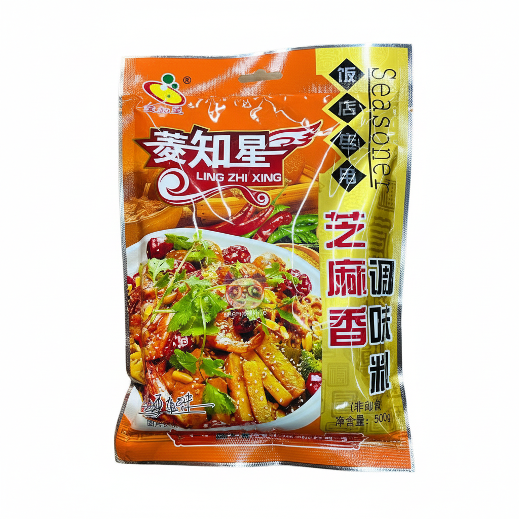 Mei Wei: Tempero de Gergelim e Especiarias Ling Zhi Xing 500g - Embalagem em Fundo Branco