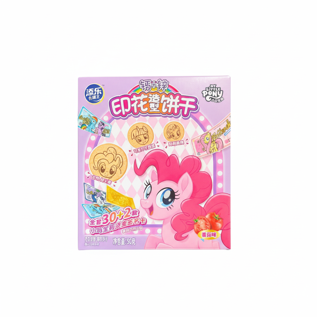 Mei Wei: Biscoitos sabor tomate Little Pony Tian Le 天乐 50g - Embalagem em Fundo Branco