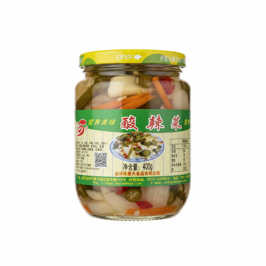 Mei Wei: Conserva Ácida e Picante de Legumes Guantou 400g - Embalagem em Fundo Branco