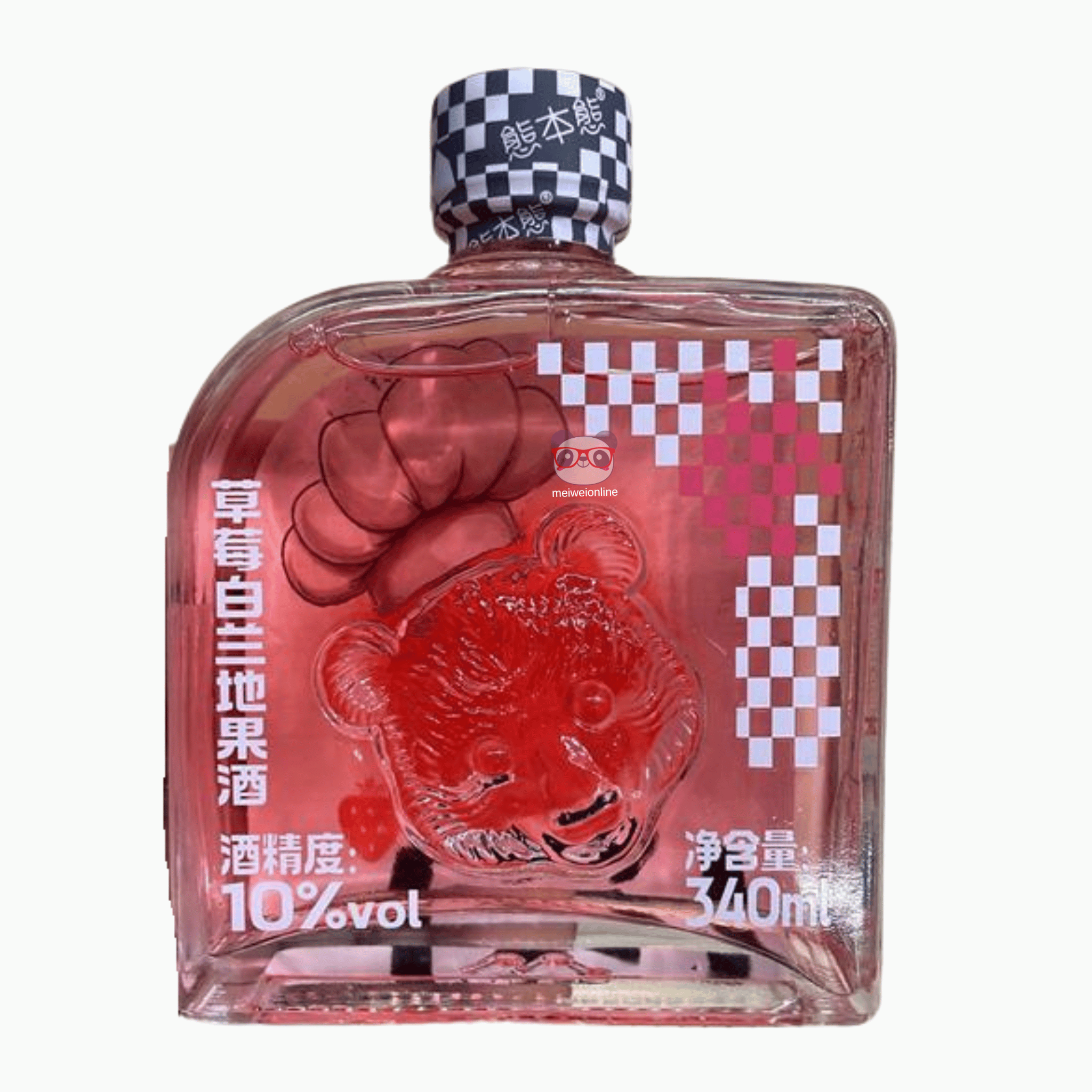 Garrafa decorativa de licor chinês de morango 熊本熊草莓白兰地果酒, 340ml, com relevo de urso e tampa xadrez