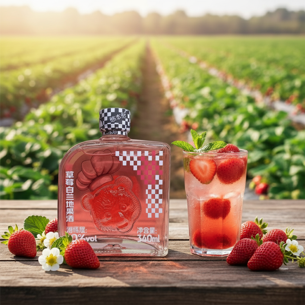 Licor Chinês de Morango 340ml - 熊本熊草莓白兰地果酒