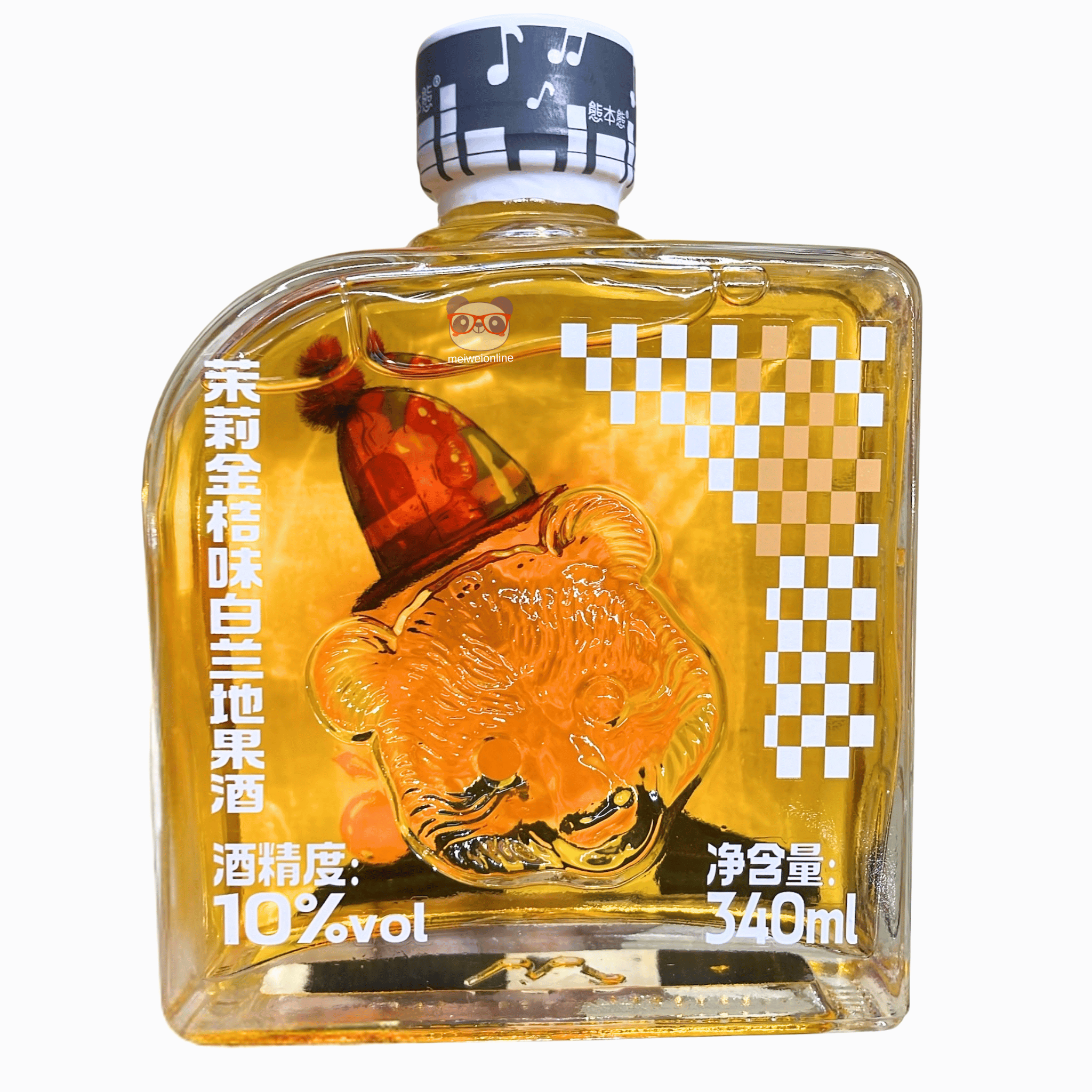 Garrafa decorativa de licor chinês de pera e damasco 熊本熊菠萝金桔味白兰地果酒, 340ml, com relevo de urso e tampa musical.