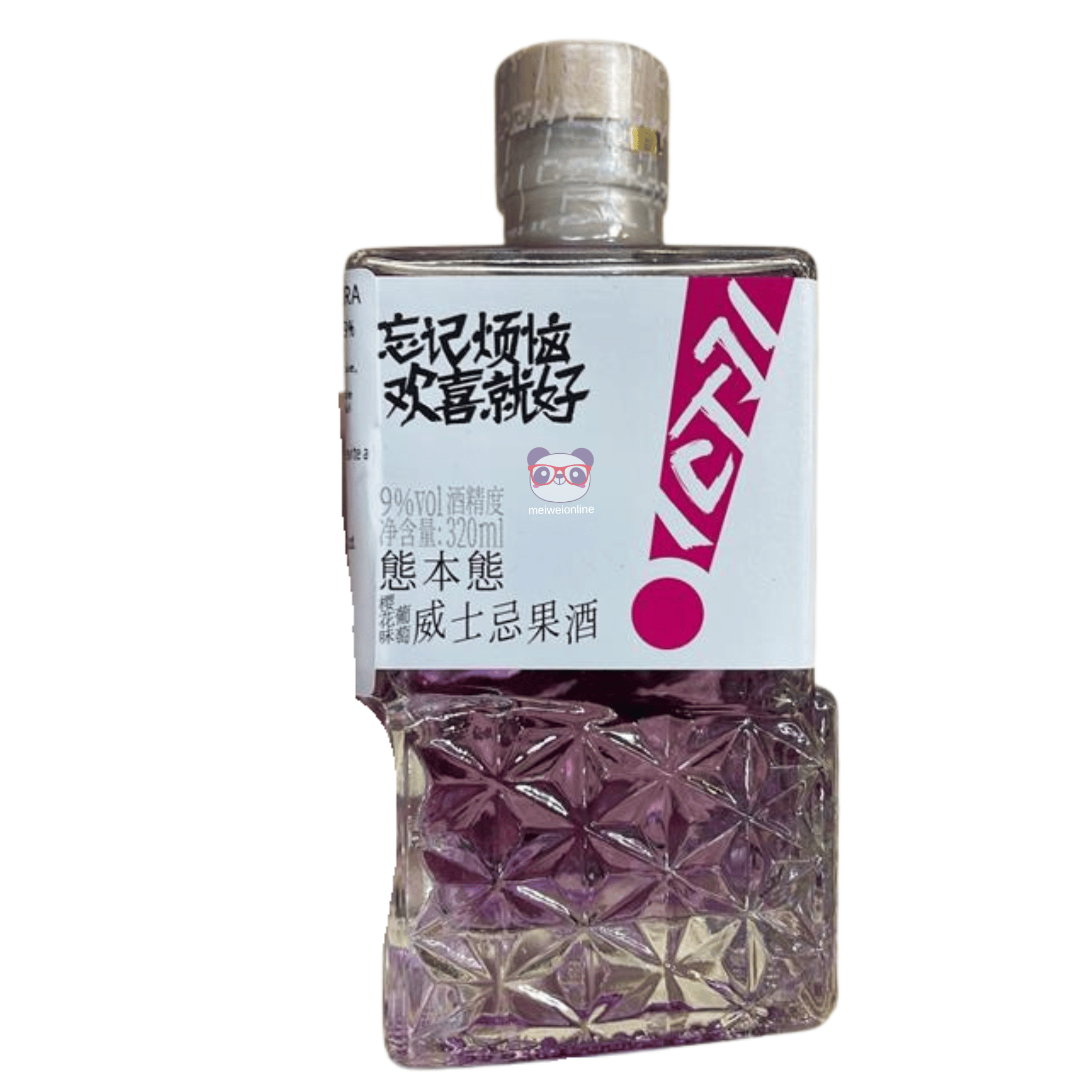 Garrafa decorativa de licor chinês de uva 熊本熊威士忌果酒, 320ml, com design moderno e detalhes em relevo.