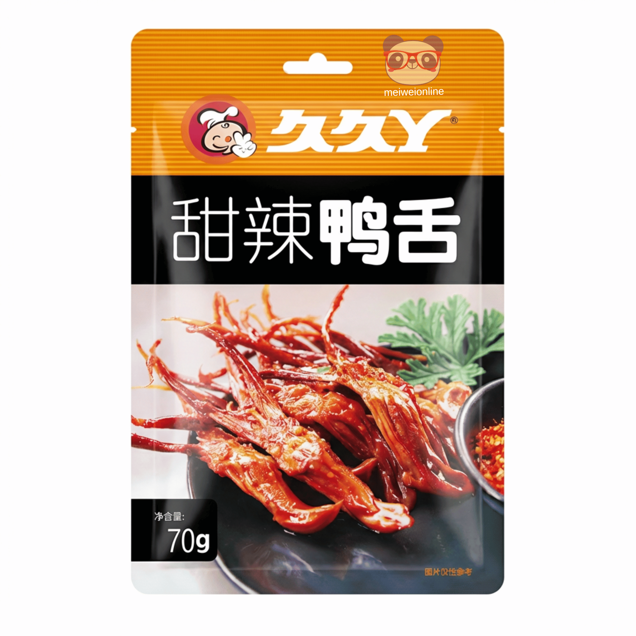Snack de língua de pato doce e picante Jiu Jiu Ya 久久丫 甜辣鸭舌 70g em embalagem laranja sobre fundo branco para e‑commerce Mei Wei