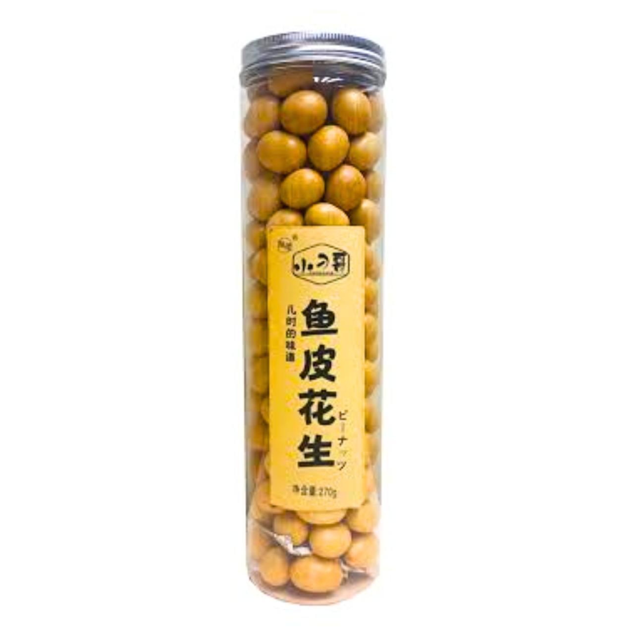 Frasco de vidro com amendoim crocante tipo fish skin 鱼皮花生, bolas de amendoim revestidas douradas em pote alto transparente, 270g Mei Wei