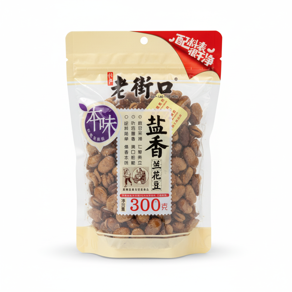 Amendoim Salgado Lao Jie Kou 300g - Embalagem em Fundo Branco